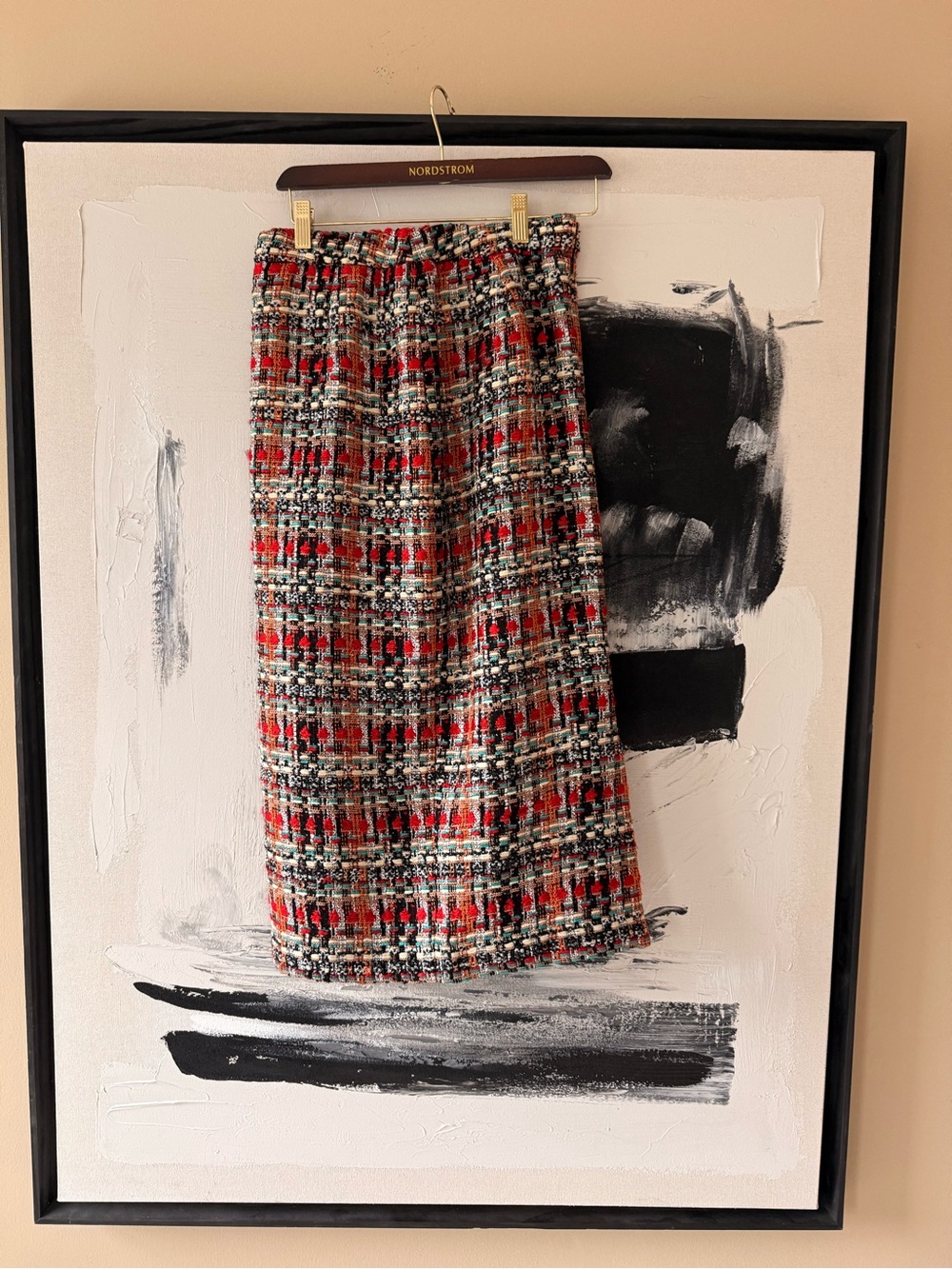 Nordstrom Halogen Red Black Cream Plaid Tweed Maxi Skirt